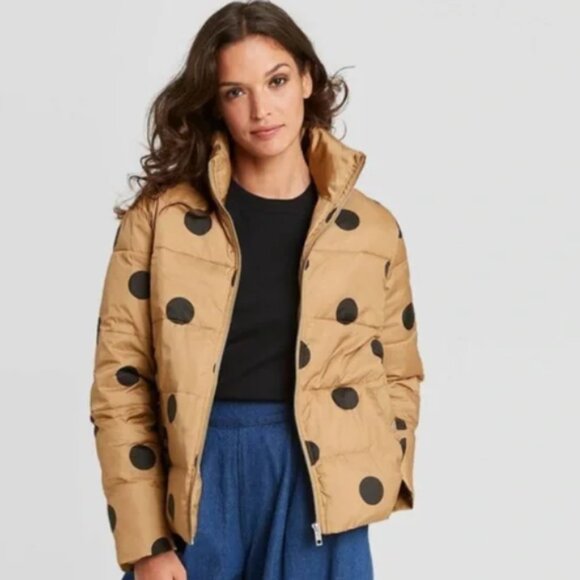 Who What Wear Jackets & Blazers - Who What Wear Women’s Polka Dot Print Puffer Jacket 3X NWT Gold Ochre‎ Black